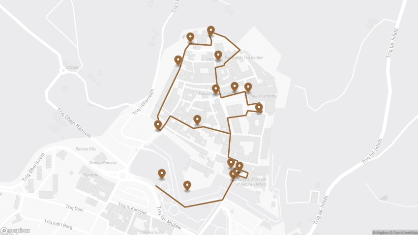 Map of the Self-Guided Walking Tour of Mdina walking route with 16 stops in Mdina.