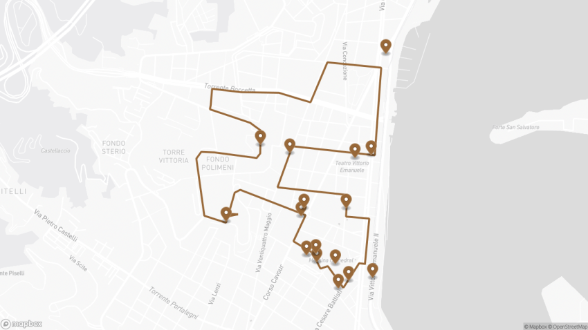 Map of the Self-Guided Walking Tour of Messina walking route with 16 stops in Messina.
