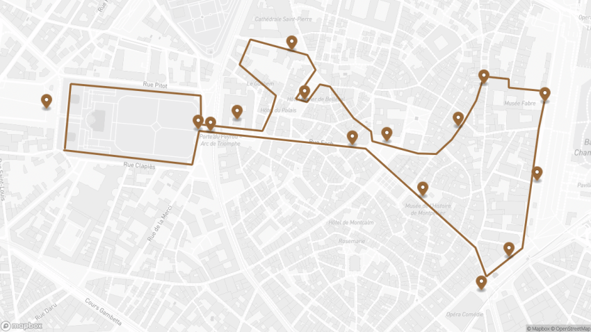 Map of the Self-Guided Walking Tour of Montpellier walking route with 15 stops in Montpellier.