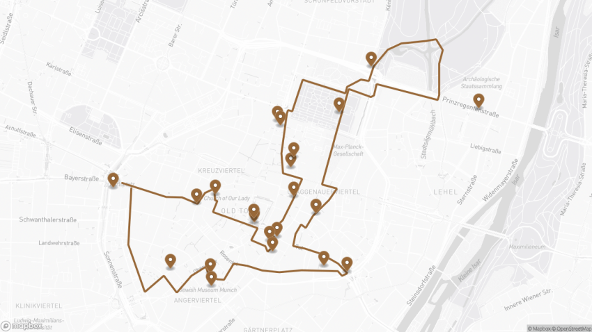 Map of the Self-Guided Walking Tour of Munich walking route with 22 stops in Munich.