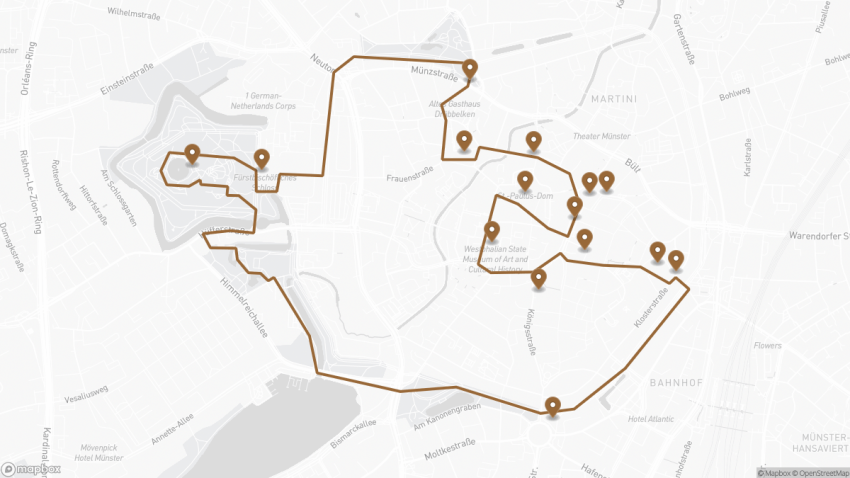 Map of the Self-Guided Walking Tour of Münster, Germany walking route with 15 stops in Münster.