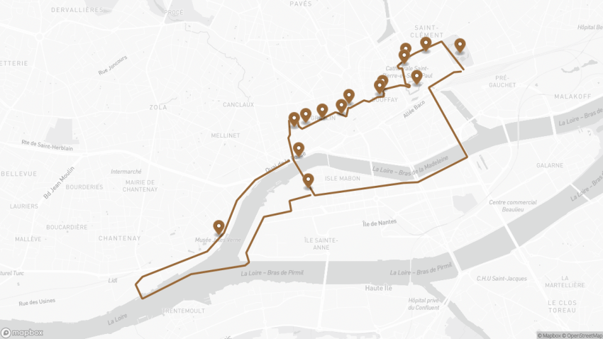 Map of the Self-Guided Walking Tour of Nantes, France walking route with 15 stops in Nantes.