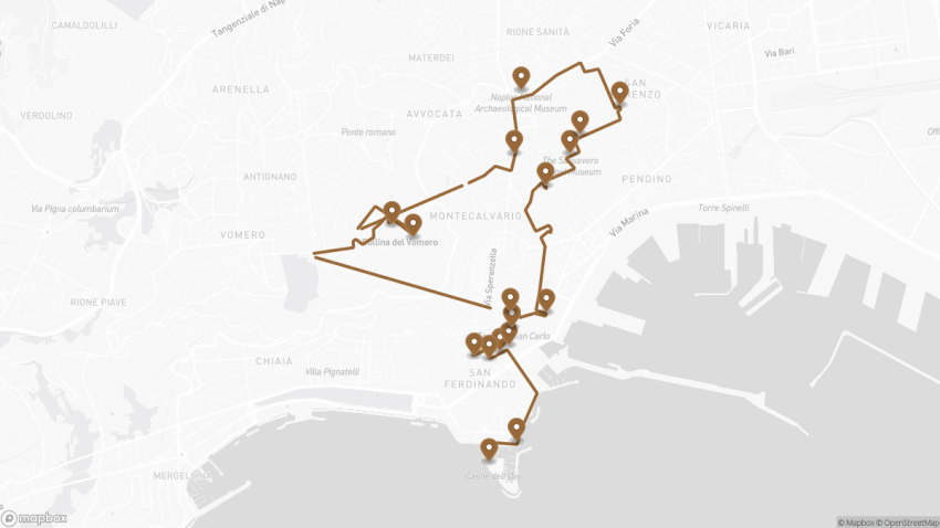 Map of the Self-Guided Walking Tour of Naples, Italy walking route with 17 stops in Naples.