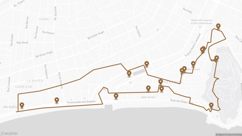 Map of the Self-Guided Walking Tour of Nice walking route with 16 stops in Nice.