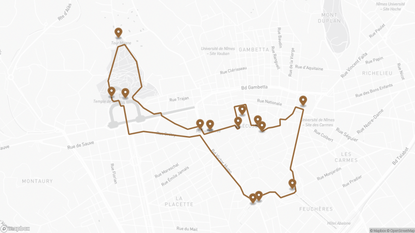 Map of the Self-Guided Walking Tour of Nîmes (2026) walking route with 14 stops in Nimes.