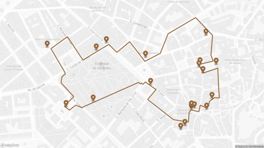Map of the Self-Guided Walking Tour of Oviedo walking route with 19 stops in Oviedo.