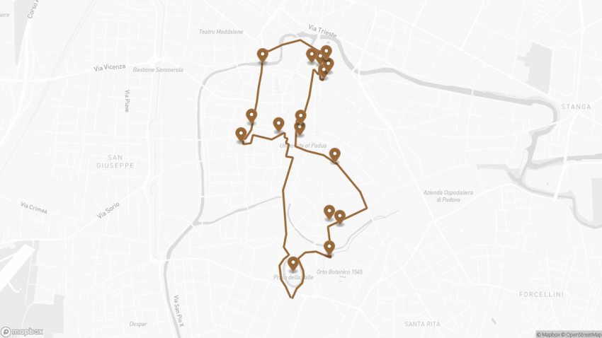 Map of the Self-Guided Walking Tour of Padua, Italy walking route with 16 stops in Padova.