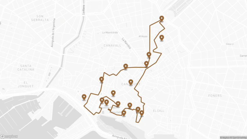 Map of the Self-Guided Walking Tour of Palma walking route with 16 stops in Palma de Mallorca.