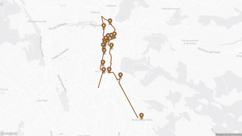 Map of the Self-Guided Walking Tour of Perugia, Italy walking route with 17 stops in Perugia.