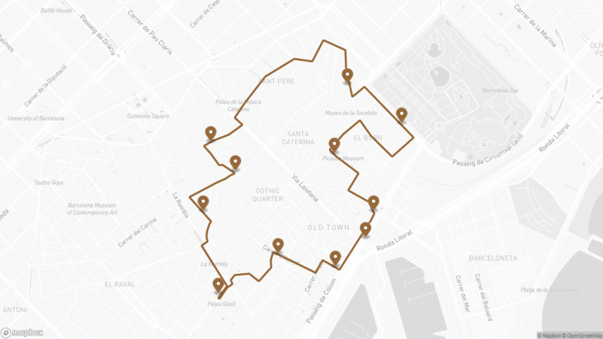 Map of the Self-Guided Walking Tour of Picasso’s Barcelona walking route with 11 stops in Barcelona.