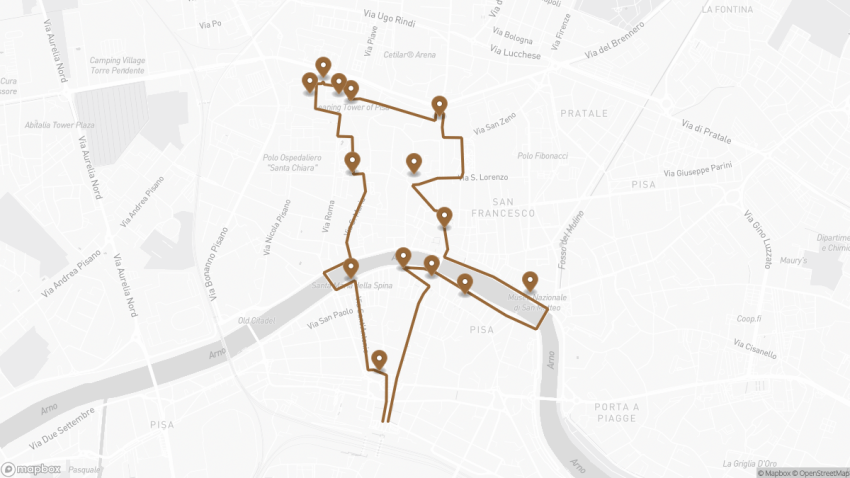 Map of the Self-Guided Walking Tour of Pisa, Italy walking route with 14 stops in Pisa.