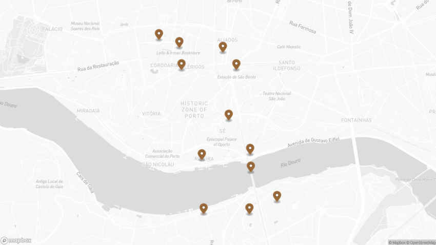 Map of the Self-Guided Walking Tour of Porto, Portugal walking route with 12 stops in Porto.