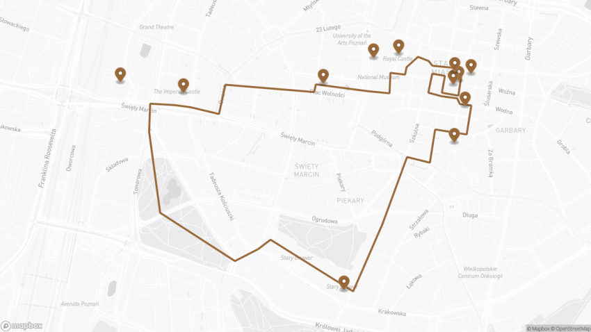 Map of the Self-Guided Walking Tour of Poznań, Poland walking route with 12 stops in Poznań.