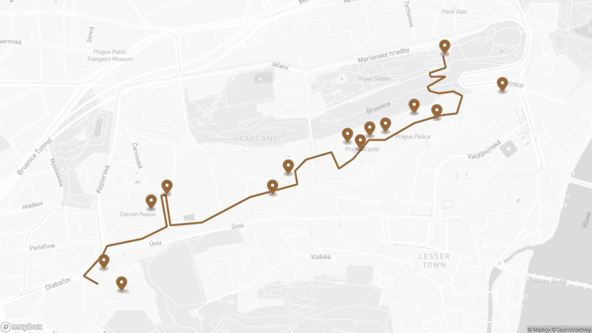 Map of the Self-Guided Walking Tour of Prague’s Castle District walking route with 14 stops in Prague.