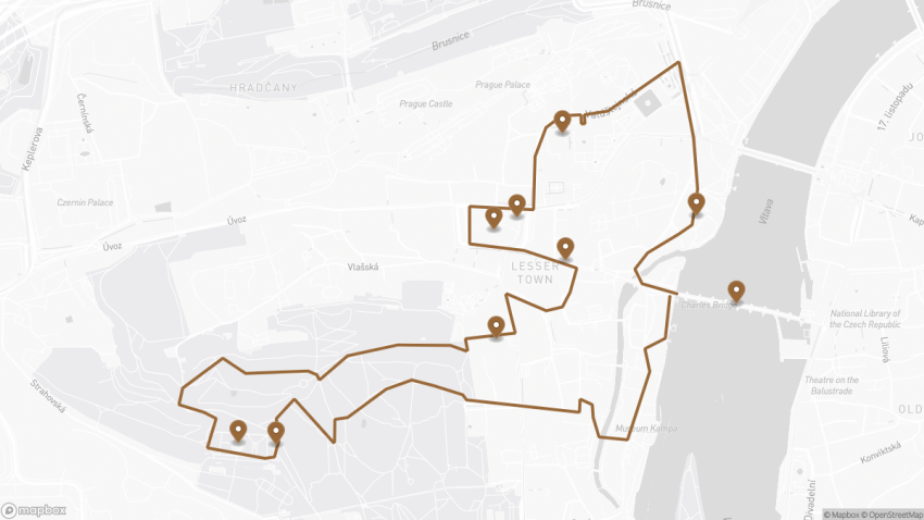 Map of the Self-Guided Walking Tour of Prague’s Lesser Town walking route with 9 stops in Prague.