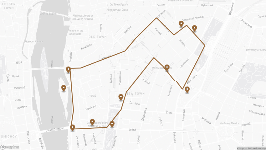 Map of the Self-Guided Walking Tour of Prague’s New Town walking route with 10 stops in Prague.