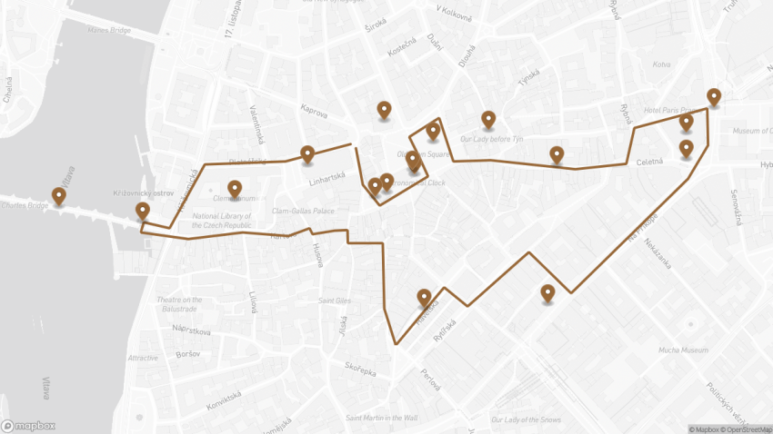 Map of the Self-Guided Walking Tour of Prague’s Old Town walking route with 17 stops in Prague.