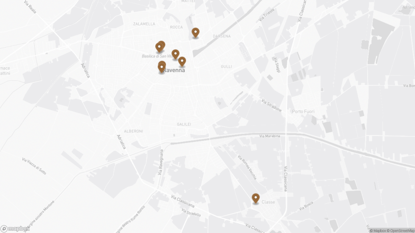 Map of the Complete Guide to Ravenna’s 8 UNESCO Mosaic Sites walking route with 8 stops in Ravenna.