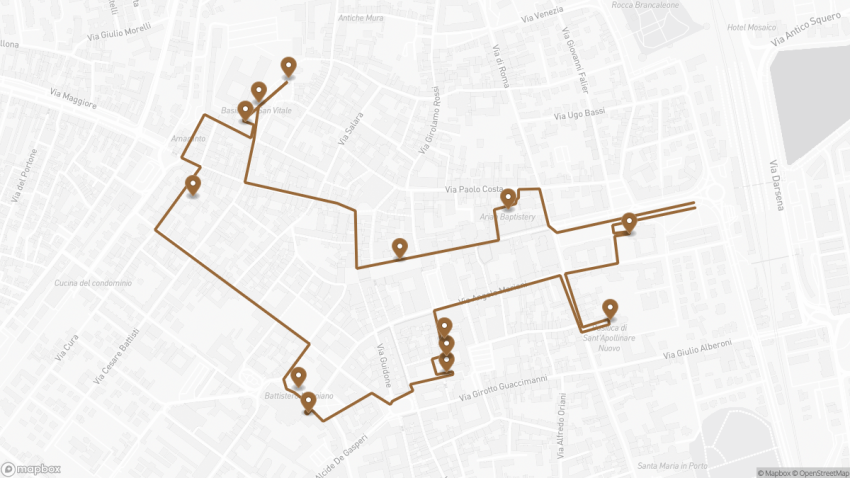 Map of the Self-Guided Walking Tour of Ravenna, Italy walking route with 13 stops in Ravenna.