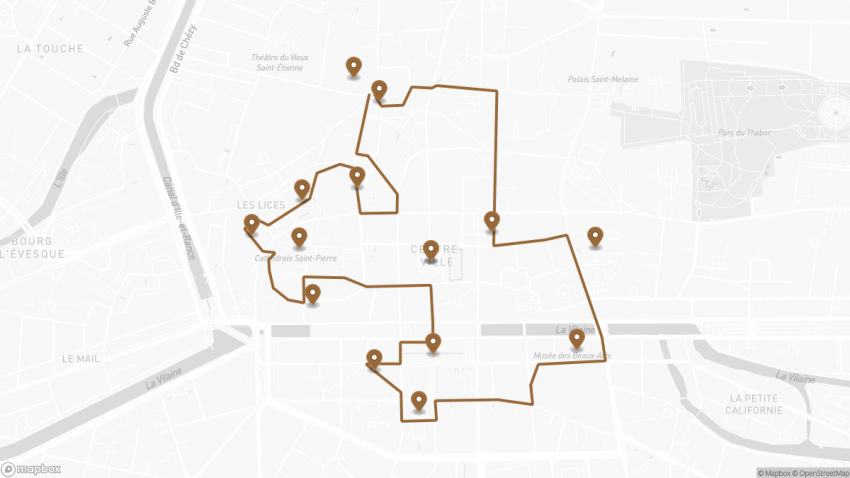 Map of the Self-Guided Walking Tour of Rennes, France walking route with 15 stops in Rennes.