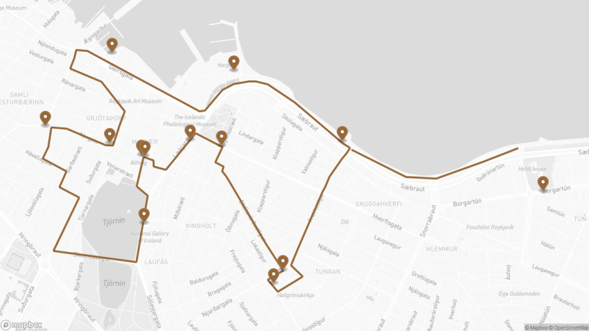 Map of the Self-Guided Walking Tour of Reykjavík walking route with 13 stops in Reykjavik.