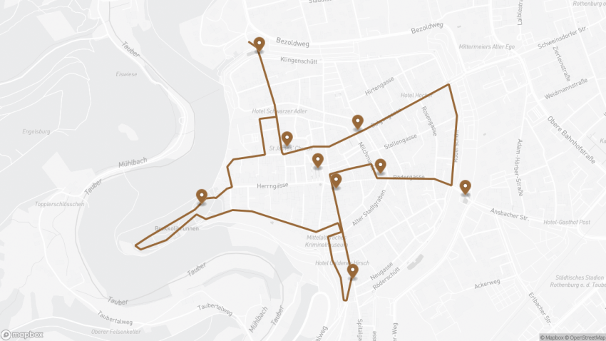 Map of the Self-Guided Walking Tour of Rothenburg Ob Der Tauber, Germany walking route with 9 stops in Rothenburg ob der Tauber.