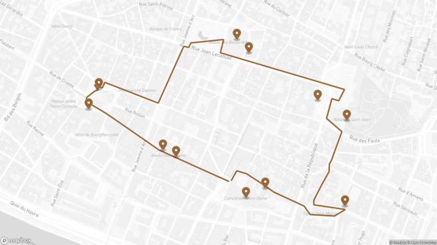 Map of the Self-Guided Walking Tour of Rouen, France walking route with 11 stops in Rouen.