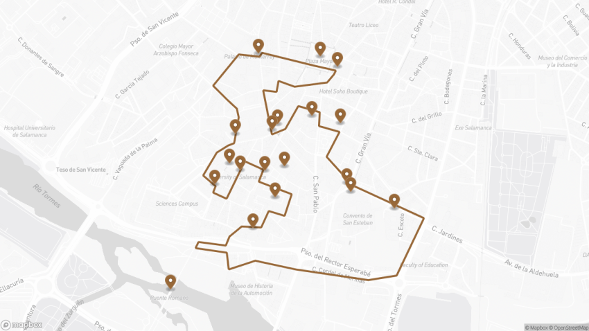 Map of the Self-Guided Walking Tour of Salamanca walking route with 19 stops in Salamanca.