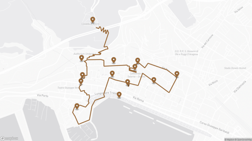 Map of the Self-Guided Walking Tour of Salerno, Italy walking route with 13 stops in Salerno.
