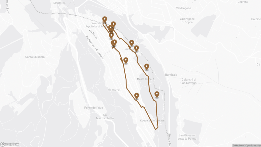 Map of the Self-Guided Walking Tour of San Marino walking route with 13 stops in San Marino.