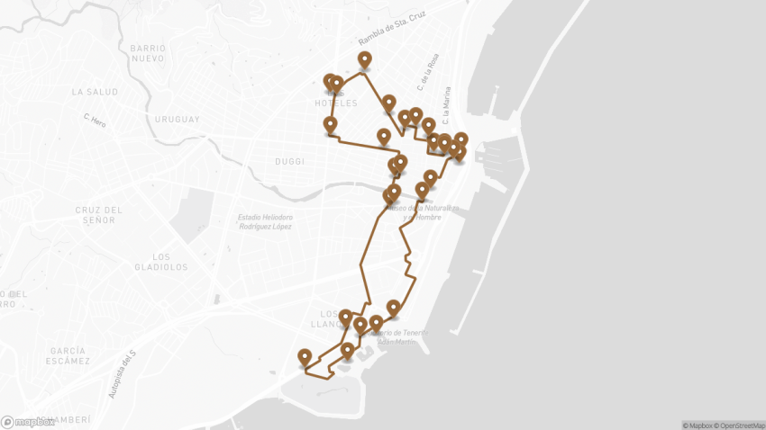 Map of the Self-Guided Walking Tour of Santa Cruz de Tenerife walking route with 27 stops in Santa Cruz de Tenerife.