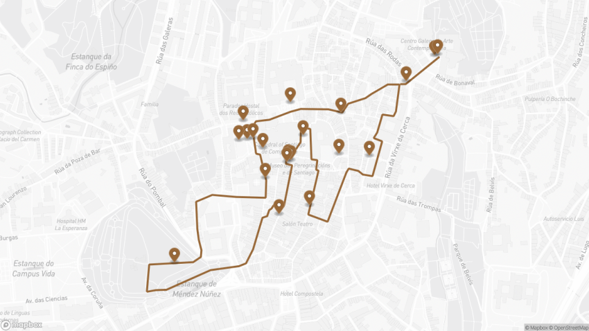 Map of the Self-Guided Walking Tour of Santiago de Compostela walking route with 20 stops in Santiago de Compostela.