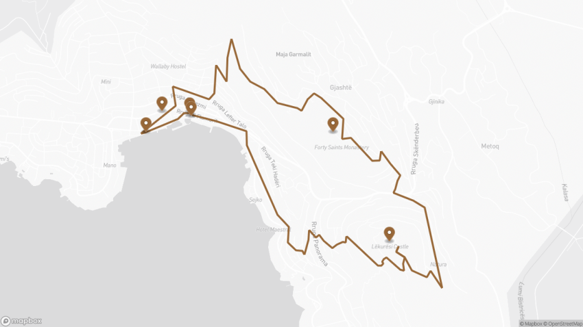 Map of the Self-Guided Walking Tour of Sarandë, Albania walking route with 6 stops in Sarandë.