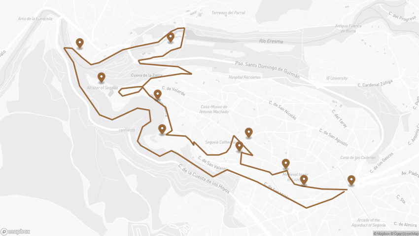 Map of the Self-Guided Walking Tour of Segovia, Spain walking route with 10 stops in Segovia.