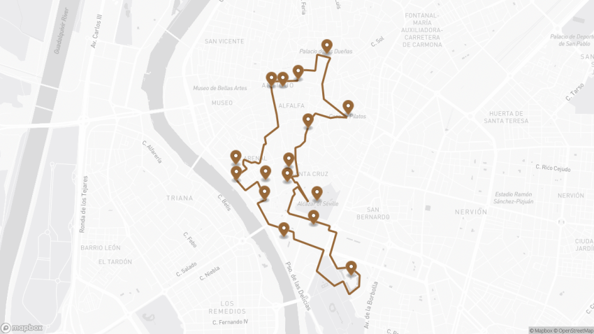 Map of the Self-Guided Walking Tour of Seville walking route with 16 stops in Seville.