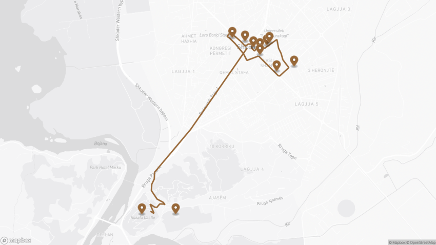 Map of the Self-Guided Walking Tour of Shkodër walking route with 11 stops in Shkodër.