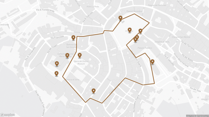 Map of the Self-Guided Walking Tour of Siena walking route with 12 stops in Siena.