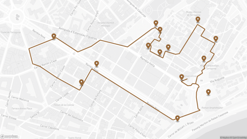 Map of the Self-Guided Walking Tour of Tarragona walking route with 14 stops in Tarragona.