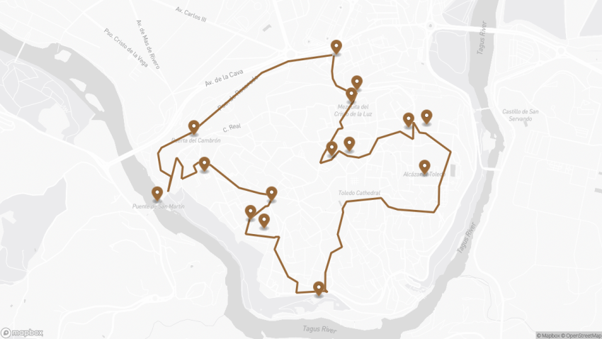 Map of the Self-Guided Walking Tour of Toledo, Spain walking route with 15 stops in Toledo.