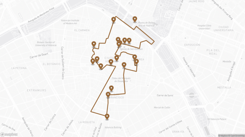 Map of the Self-Guided Walking Tour of Valencia walking route with 19 stops in Valencia.