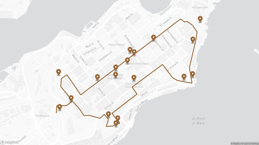 Map of the Self-Guided Walking Tour of Valletta, Malta walking route with 18 stops in Valletta.