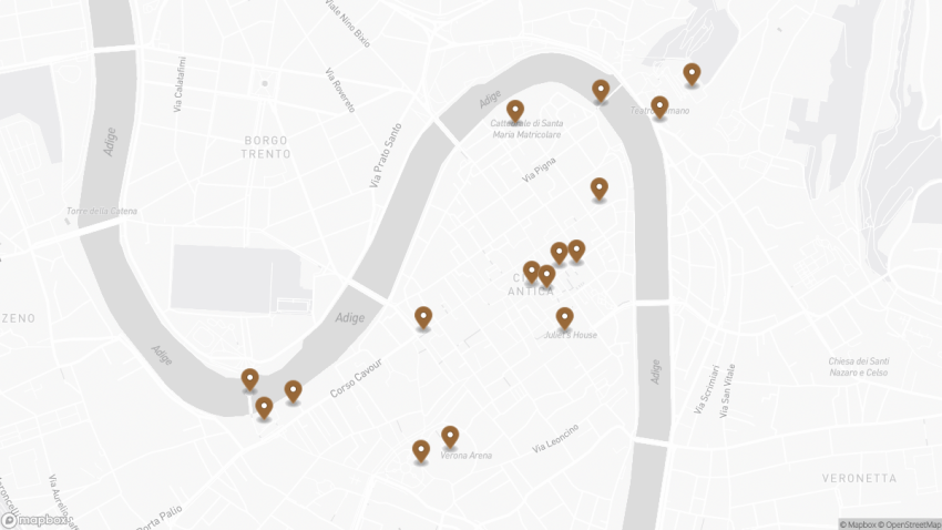 Map of the Self-Guided Walking Tour of Verona, Italy walking route with 16 stops in Verona.