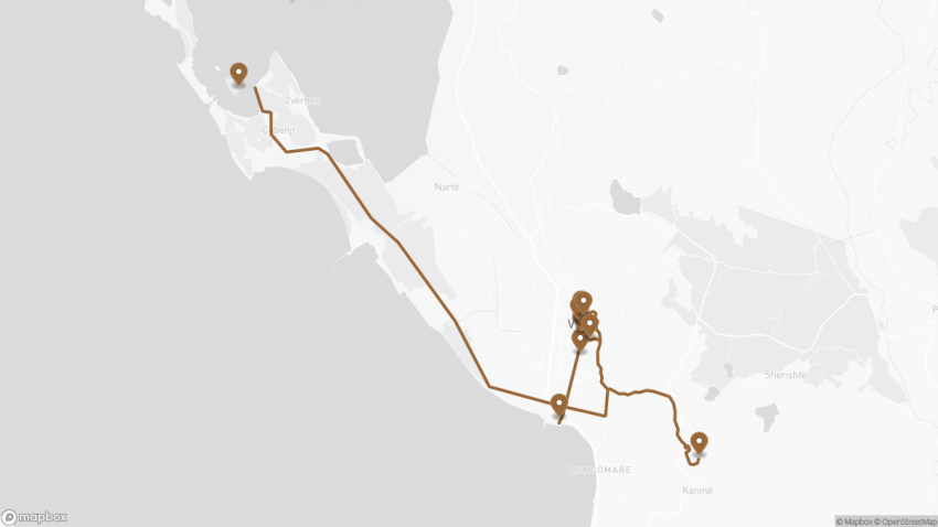 Map of the Self-Guided Walking Tour of Vlorë, Albania walking route with 10 stops in Vlorë.