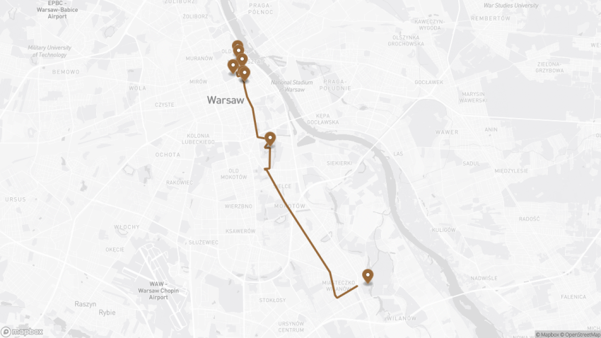 Map of the Self-Guided Walking Tour of Warsaw’s Royal Route walking route with 8 stops in Warsaw.