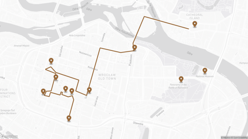 Map of the Self-Guided Walking Tour of Wrocław, Poland walking route with 11 stops in Wrocław.
