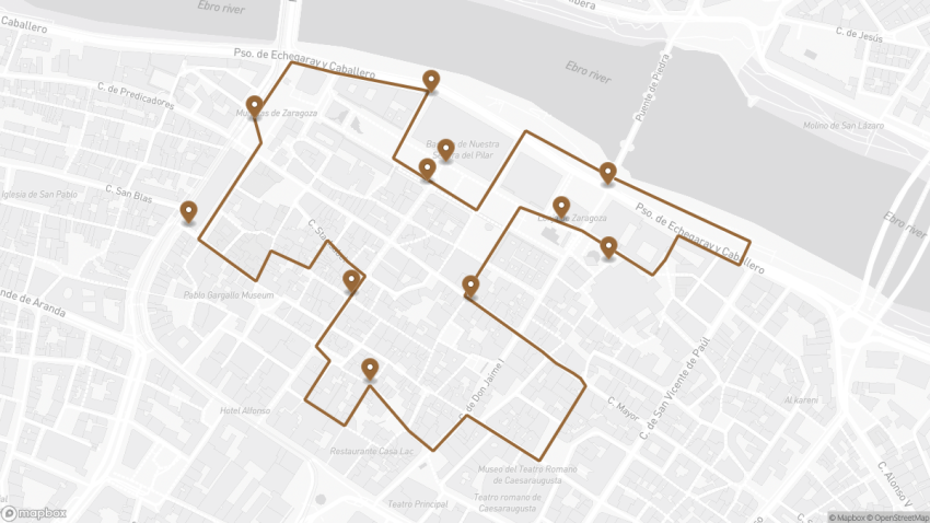 Map of the Self-Guided Walking Tour of Zaragoza walking route with 11 stops in Zaragoza.