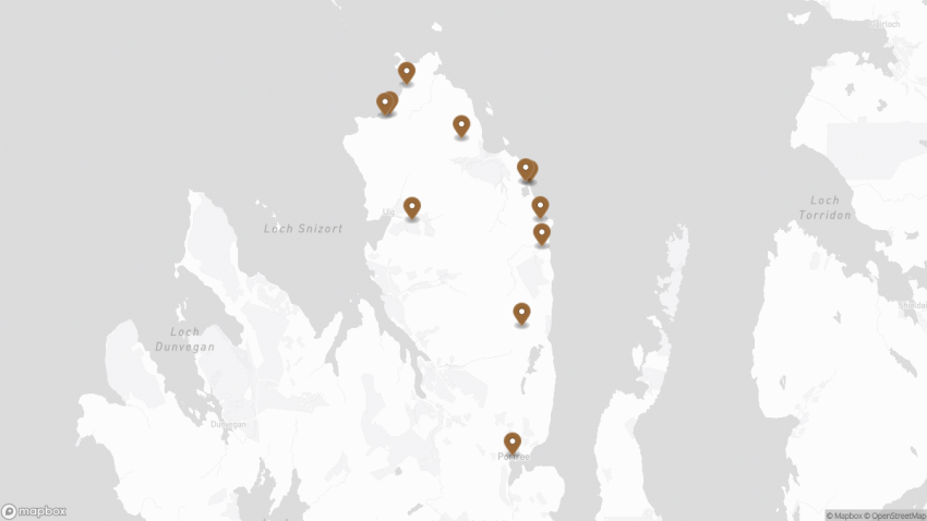 Map of the Exploring Skye’s Trotternish Peninsula: Map, Walks & Highlights walking route with 11 stops in Isle of Skye.