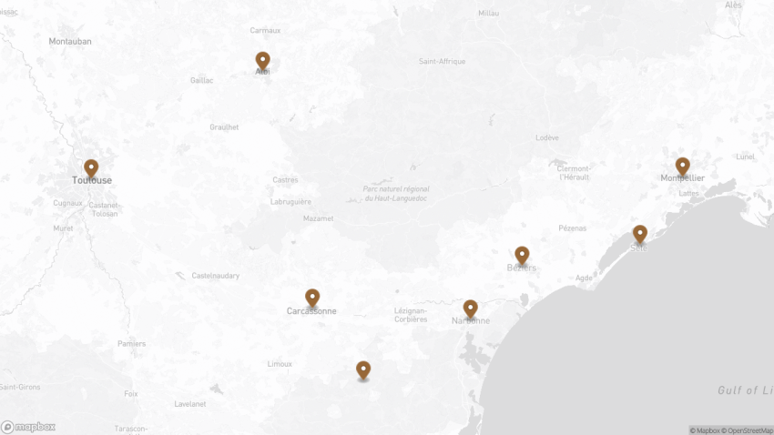 Map of the Southern France Road Trip: 10 Days from Toulouse to Montpellier walking route with 8 stops in Occitanie & Languedoc.