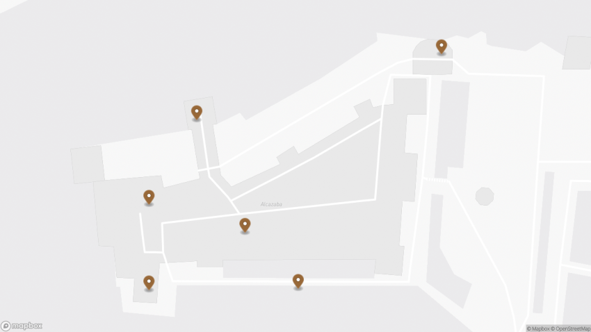 Map of the Alcazaba, Alhambra: The Fortress of the Alhambra walking route with 6 stops in Granada.