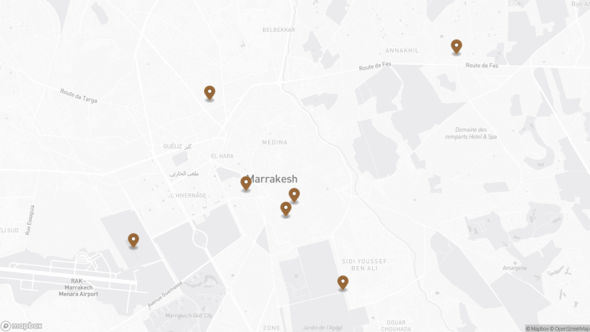 Map of the The Gardens of Marrakesh: A Guide to the City’s Green Oases walking route with 7 stops in Marrakesh.